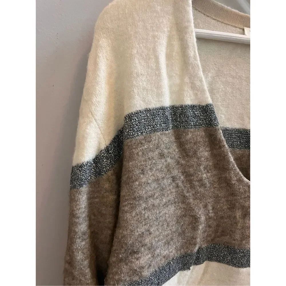 Veronica Beard Cream Brown & Silver Stripe V-Neck Sweater sz XL EUC